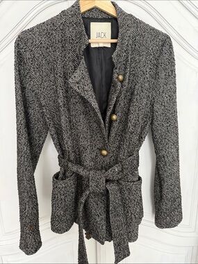 Jack Herringbone‎ Belted Classic Jacket | Size Medium | Black & White Tweed Fall